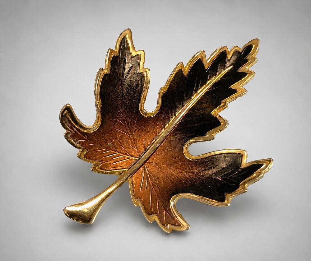 Vintage Leaf Brooch Pin 2.25" Enamel Gold-tone Rust Colors Large Textured fgb1-
